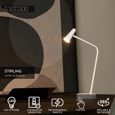 Lucide STIRLING - Lampe de bureau Rechargeable - Batterie/Piles - LED 3 StepDim - 1x3W 2700K - Blanc